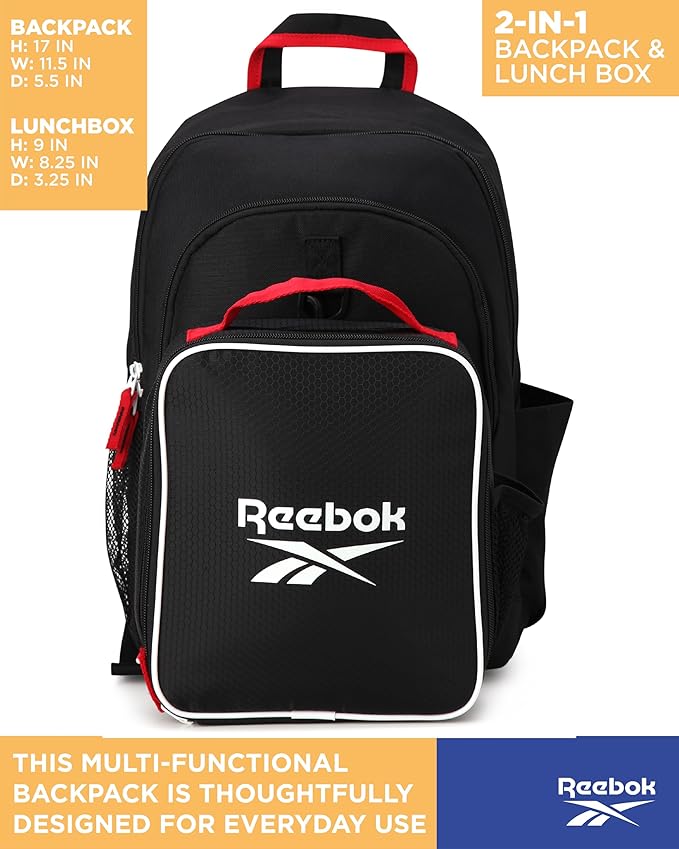 Reebok Girls and Boys Backpack - 2-in-1 Coordinated School Backpack for Girls and Boys with Detachable Lunch Box for Kids, Black