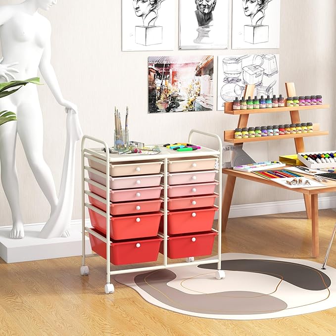 COSTWAY 12-Drawer Rolling Storage Cart, Moveable Art Craft Organizer W/Lockable Wheels, Metal Shelf, Files Arrangement Tools Makeup Storage Cart for Office, Home, School, Mixed Pink