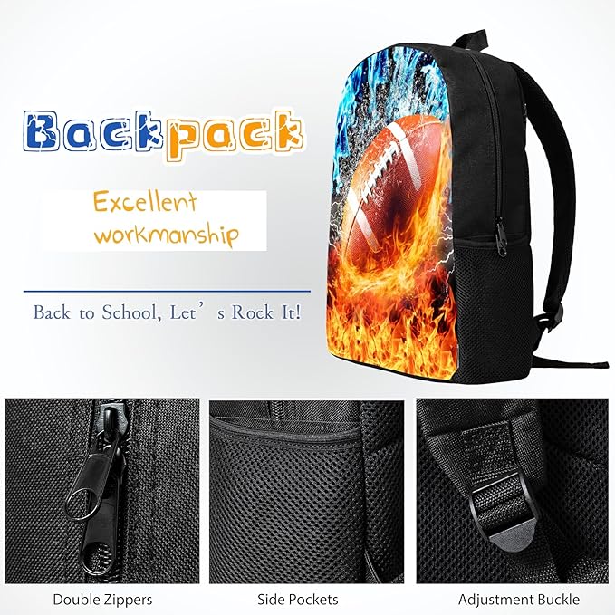 3PCS Football Backpack Set for Boys, Lightweight Large Backpack with Lunch Box & Pencil Case, Cool Sport Bookbag for Kids, Back to School Backpacks for Elementary & Middle School - 01