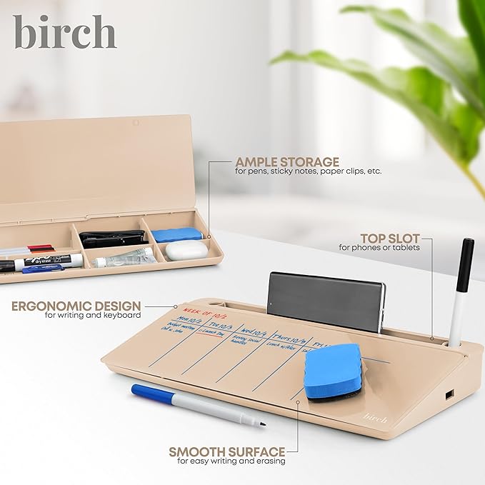 Birch Small Desktop Whiteboard – Glass Dry Erase Board Desk Pad Keyboard Stand with Storage Compartment Adjustable Dividers 3 Markers & Marker Holder – Perfect for Office, Home, & School (Sand)