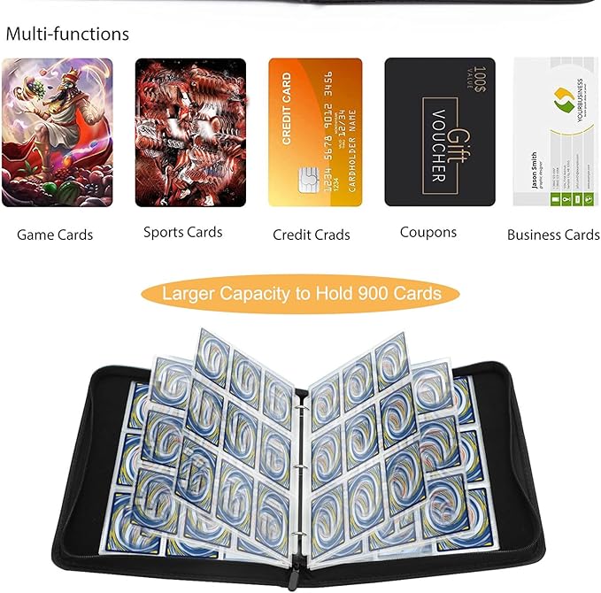 900 Pocket Card Binder – 9-Pocket Trading Card Album for Football, Game, Membership, Shopping Cards – Sports Design with Zipper & Wrist Strap