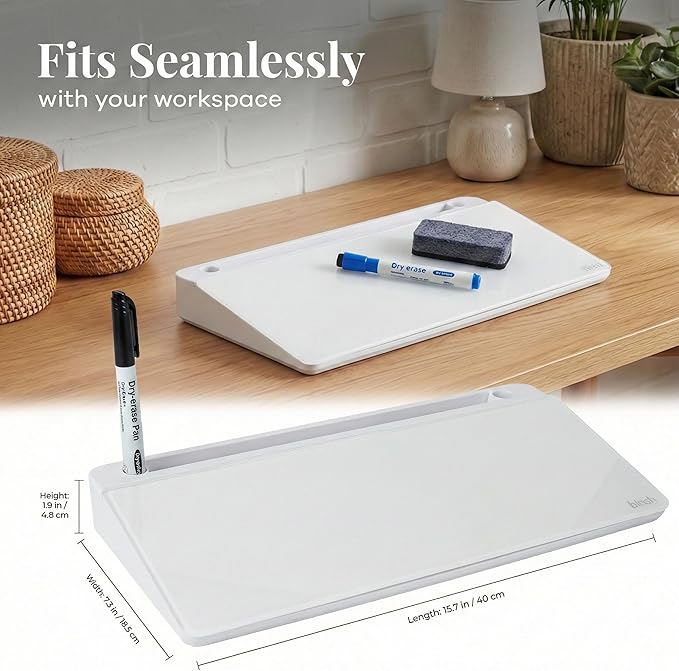 Birch Small Desktop Glass Whiteboard & Magnetic Calendar – Dry Erase Desk Pad Keyboard Stand with Storage, Adjustable Dividers, 3 Markers & Holder – Office, Home & School (Cloud)