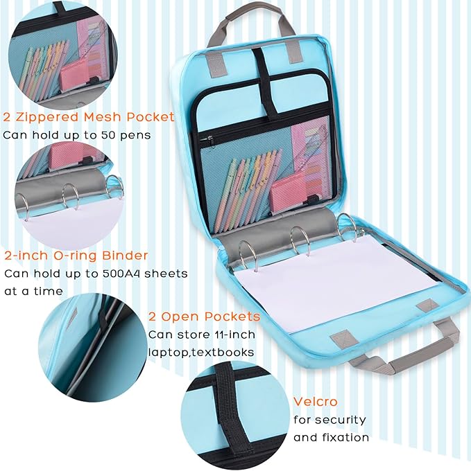 ChezMax Zipper Binder 3 Ring with Lunch Box - Zipper Binder Organizer Bag with Shoulder Strap & Handle, 2 Inch O Ring Binder, Large 500 Sheet Capacity & Multi-Pocket Binder Bag Organizer, Blue