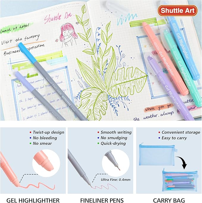 Shuttle Art Bible Highlighters and Pens No Bleed, 22 Pack Bible Journaling Kit, 10 Colors Gel Highlighters and 12 Colors Fineliner Pens with a storage bag, Bible Markers No Bleed Through