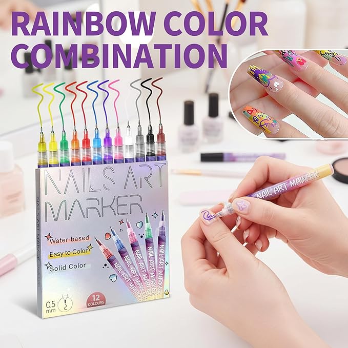 12 Colors Nails Art Pens Set,0.55mm Ultra Fine Tip,Upgraded Gel Nail Markers for 3D Designs,DIY Nail Painting Detail Drawing Tools (C-3 Set)