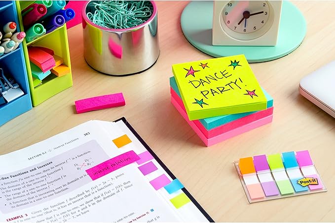 Post-it Super Sticky Notes, 3x3 in, 24 Pads/Pack, 70 Sheets/Pad, Amazon Exclusive Bright Color Collection, Aqua Splash, Acid Lime, Tropical Pink and Iris Infusion