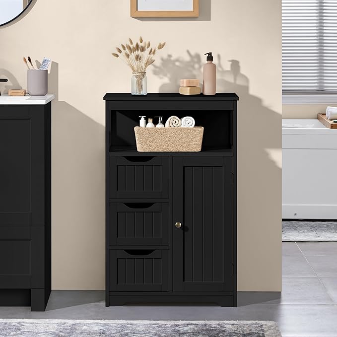 Yaheetech Bathroom Floor Cabinet, Free Standing Wooden Storage Cabinet Multiple Tiers Storage Organizer for Bathroom/Living Room/Entryway, Black