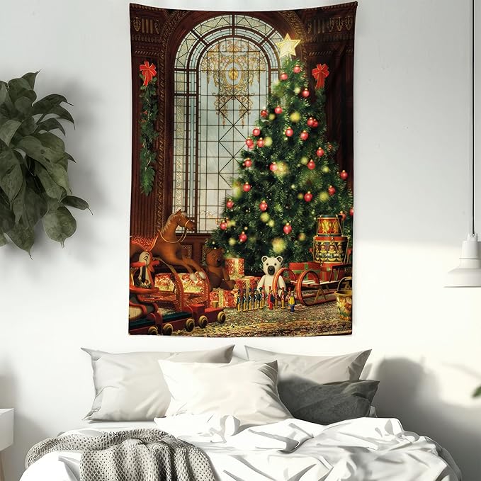 Ambesonne Christmas Tapestry Twin Size, Vintage Ambiance Big Old Fashioned Window Xmas Tree Various Presents, Wall Hanging Bedspread Bed Cover Wall Decor, Twin Size, Brown Red Green