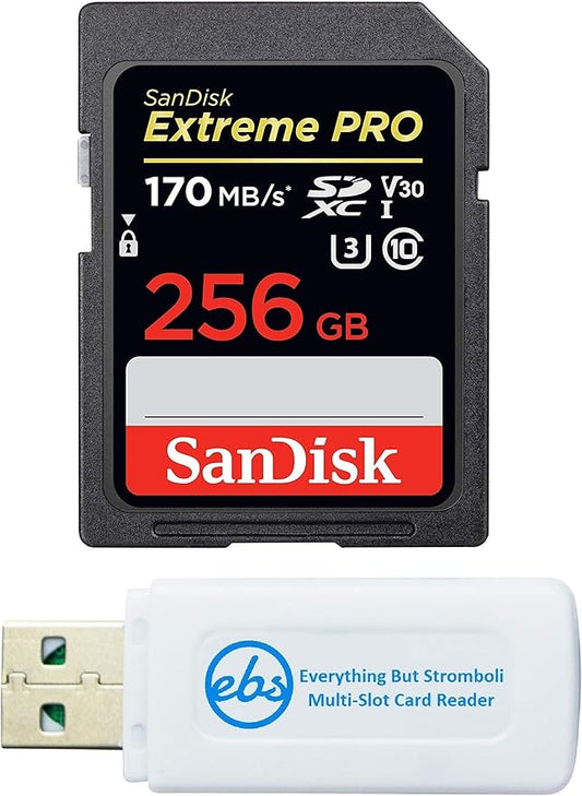 SanDisk Extreme Pro 256GB SD Card for Nikon Camera Works with Nikon Z50, Z5 Mirroless, D780 Digital DSLR (SDSDXXY-256G-GN4IN) Bundle with (1) Everything But Stromboli Micro & SDXC Memory Card Reader