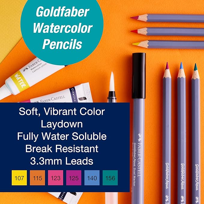 Faber-Castell Try It Box: Wet Mediums, 13 Piece Watercolor Art Set including Watercolor Pencils & Paint, Water Brush Pen and Paint Water Cup