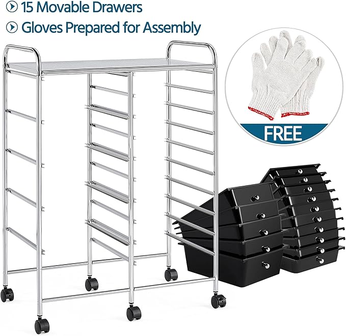 Yaheetech 15 Drawers Rolling Storage Cart Multipurpose Mobile Rolling Utility Storage Organizer Cart Tools Scrapbook Paper Organizer on Wheels, Black
