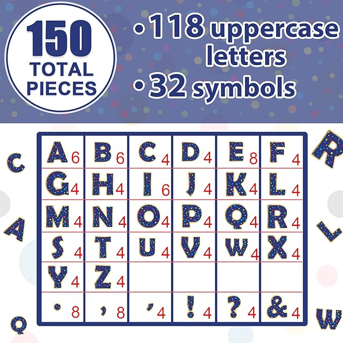 150 PCS Large 6" Bulletin Board Letters Set, Blue with Colorful Polka Dot Classroom Alphabet Cutout Letter for Bulletin Board Display Home School, A Great Helper to Inspire Students' Learning Interest