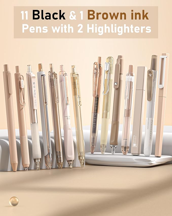 Four Candies Writing Ink Pens with Black & Brown Ink and 2Pack Highlighter, Retractable 0.5mm Smooth Fine Point Pens,Brown Pens for School, Office Girly Stationery Aesthetic Desk Accessories Set of 14