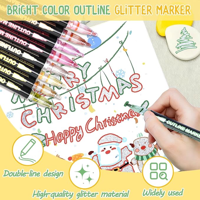 48Colors Outline Glitter Markers, Coloring Shimmer Metallic Markers for Stocking Stuffers, Glitter Gel Drawing Pens Set for Christmas Gifts, Art Supplies, Metallic Sharpie Pens Gifts for Teen Girls