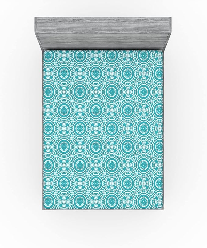 Ambesonne Boho 2 Pack Fitted Sheet, Modern Mandala Effect Pattern, Bed Cover All-Round Elastic Deep Pockets 2 Pieces, Package Contains 2 Queen Size Fitted Sheets, Dark Seafoam and White