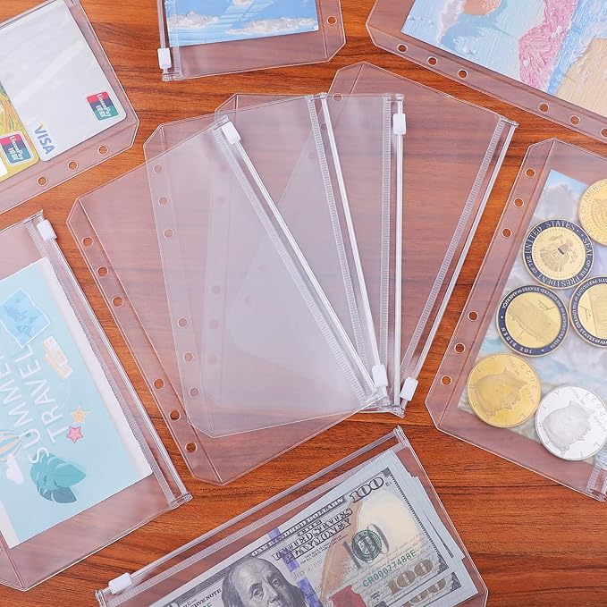 Antner 12pcs A6 Size Binder Pockets 6 Holes Budget Cash Envelopes for Budgeting, Clear Zipper Folders Loose Leaf Bags for A6 6-Ring Budget Binder, Waterproof PVC Document Pouch Filing Bags (Pack of 2)