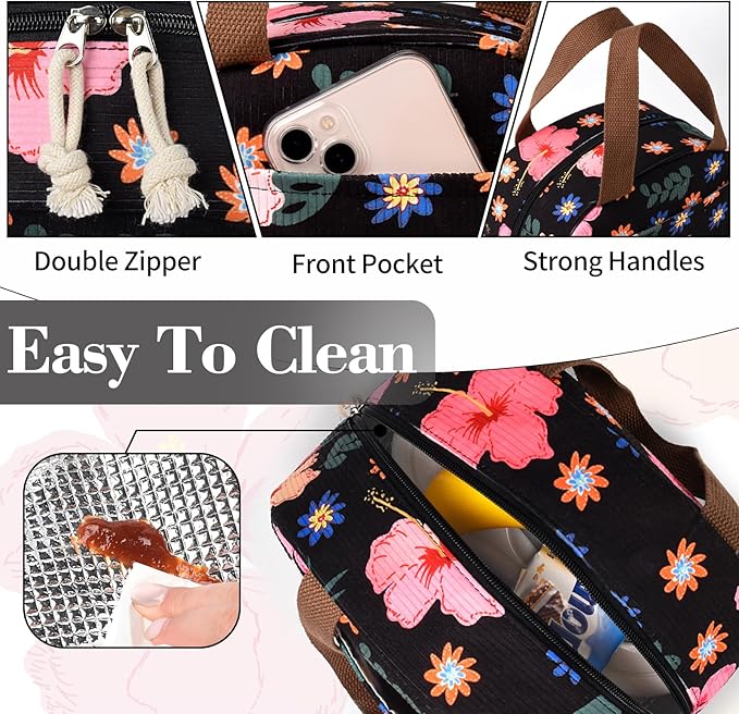 Lunch Box for Women Girls Teens,Cute Lunch Box Cooler Bag, Portable Insulated Small Lunch Bag Women Reusable Corduroy Lunch Tote for Work/Travel/Picnic/School (Flower)