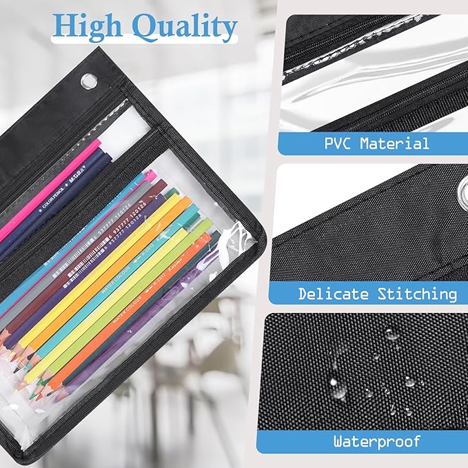 YoeeJob 24 Pack Zipper Pencil Pouches for 3 Ring Binder, 1.5 Inch Expandable with 2 Pockets and Clear Window for School and Office （Black）