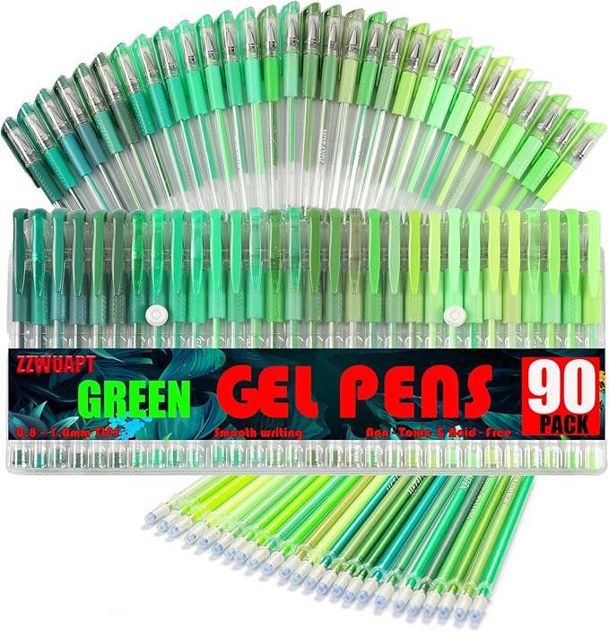 90 Pack Green Tone Gel Pens, 30 Green Tone Gel Pens with 60 Refills,40% More Ink Colored Gel Pen for Adults Coloring Drawing Doodling Scrapbook Journaling
