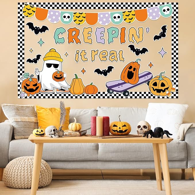Halloween Bulletin Board Decorations Cute Ghost Pumpkin Bat Bulletin Board Set Spooky Funny Creepin' It Real Paper Cutouts for Halloween Holiday School Classroom Home Wall Decor Supplies