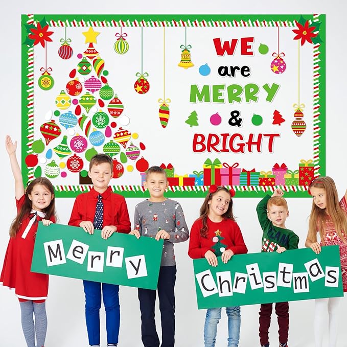 Christmas Religious Bulletin Board Decorations Set Xmas Tree with Hanging Ornaments Gift Boxes We are Merry and Bright Cutouts for Classroom Winter Holiday School Home Wall Party Decor Supplies