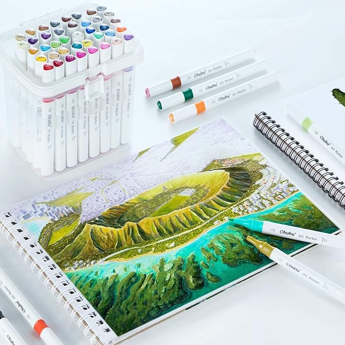 Ohuhu Markers, 48-color Double Tipped Alcohol Markers, Chisel & Fine Alcohol-based Art Marker Set for Adults Coloring Illustration, Great Value Pack for Students' Art Class, Better Designed Grip