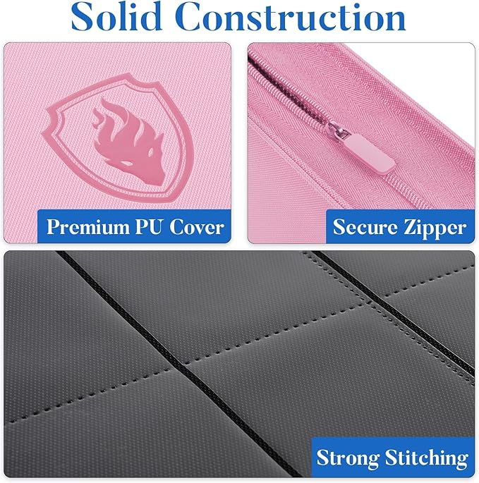 Premium Zip Card Binder, Fabmaker 9 Pocket Trading Card Binder, PU Cover Zipper Card Collection Album, Sturdy 360 Side-Loading Card Folder Holder for Game & Sports Cards, Pink