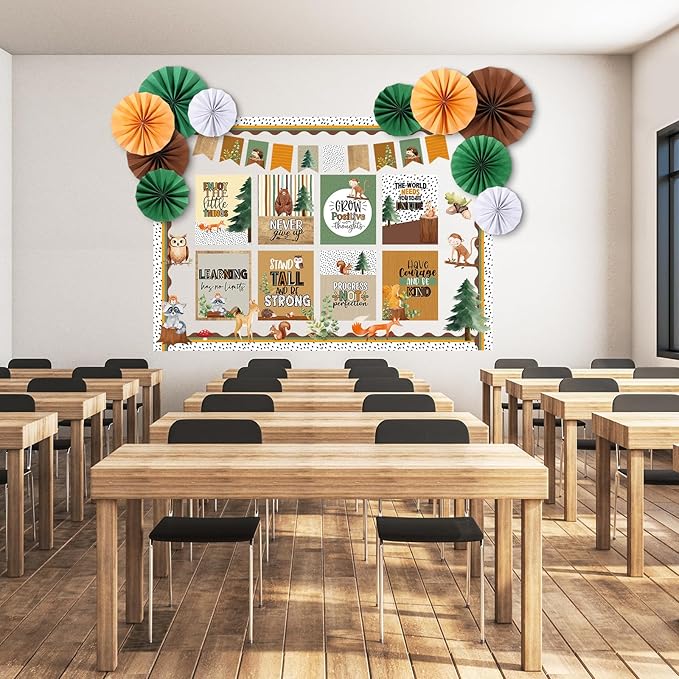 Pajean 62 Pcs Forest Animal Classroom Bulletin Board Decorations with 3D Paper Fans Inspirational Posters Cutouts Motivational Bulletin Board Positive Sayings for School Classroom Home Decorations