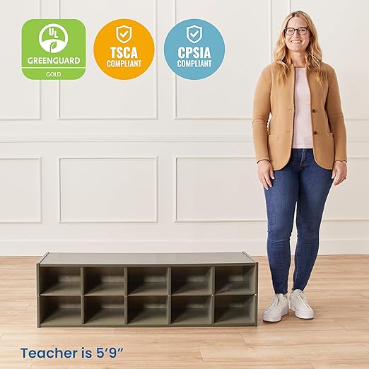 ECR4Kids Streamline 10 Cubby Tray Storage Cabinet, 2x5, Classroom Furniture, Grey Wash