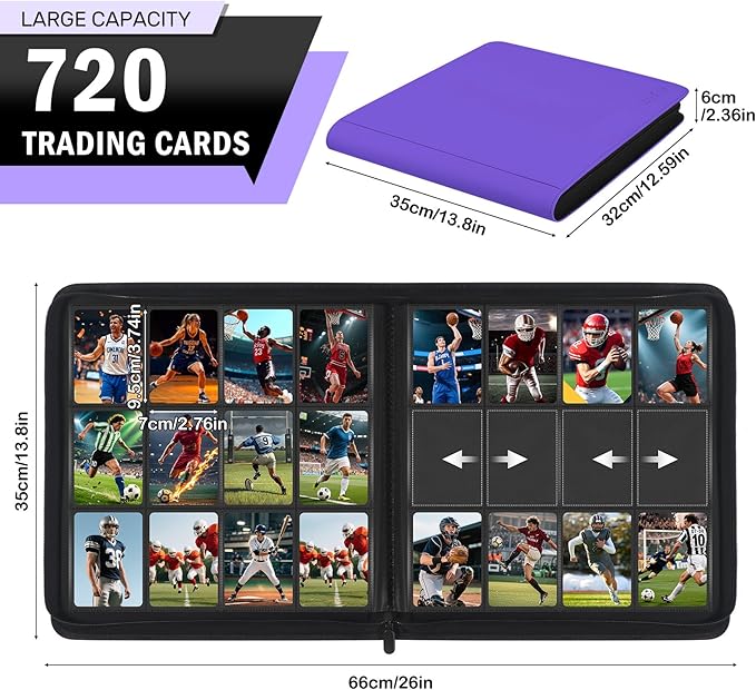 12 Pocket Card Binder, Zipper Trading Card Binder, 720 Large Capacity Side Loading Non-Ring Card Album, Double Sided Acid-Free Card Protector Binder, Card Collection for TCG, MTG, Sport Card, Purple