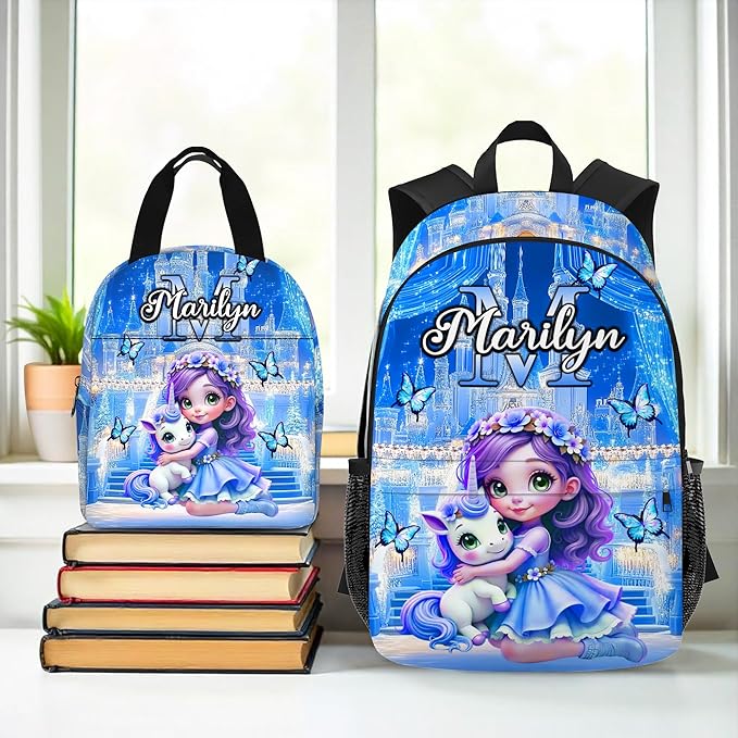 Custom Kids Backpack with Lunch Box Personalized Name School Bookbag for Girls Back to School Backpacks for Elementary Middle School Boys Blue