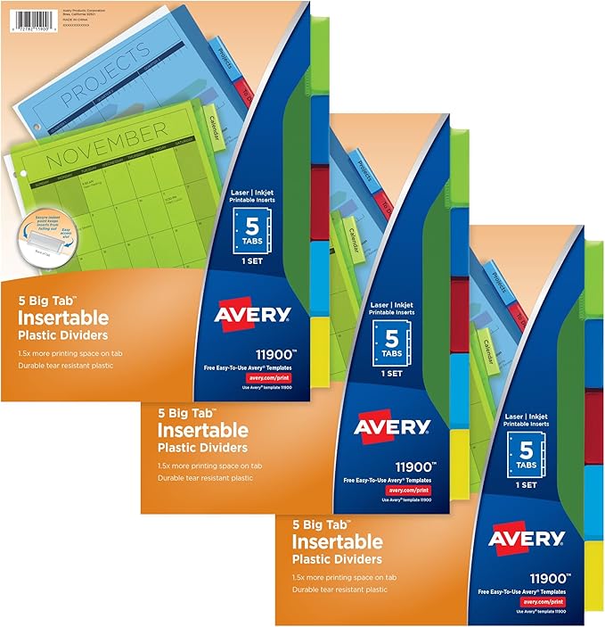 Avery Dividers for 3 Ring Binders, 5-Tab Plastic Binder Dividers, Insertable Big Tabs, Multicolor (3 Sets of 11900)