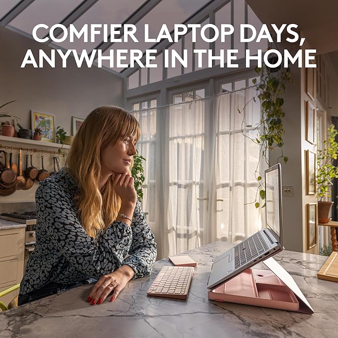 Logitech Casa Pop-Up Desk Work From Home Kit with Laptop Stand, Wireless Keyboard & Touchpad, Bluetooth, USB C Charging, for Laptop/MacBook (10” to 17”),Windows, macOS, ChromeOS - Bohemian Blush, Pink
