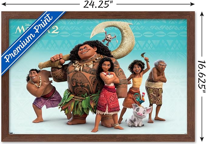 Disney Moana 2 - Group Wall Poster, 22.4L" x 14.7W", Mahogany Framed Version