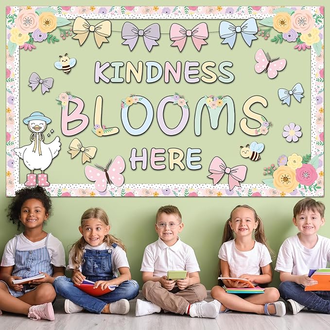 Spring Bulletin Board Decoration Set Kindness Blooms Here Classroom Decoration Spring Pastel Bows Flowers Butterfly Cutouts for School Classroom Home Office Chalkboard Door Wall Party Decor Supplies