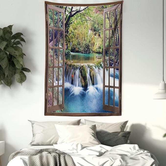 Ambesonne Waterfall Tapestry Queen Size, Wide Waterfall Deep down in the Forest Seen from a City Window Epic Surreal Print, Wall Hanging Bedspread Bed Cover Wall Decor, 88" X 88", Brown Black