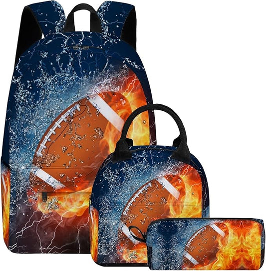 3PCS Backpack for Boys Girls, Kids Football Back to School Backpack Sets with Lunch Bag Pencil Case, 17 Inch Lightweight Bookpack 3 in 1 Set for Teens Elementary Middle High School Students