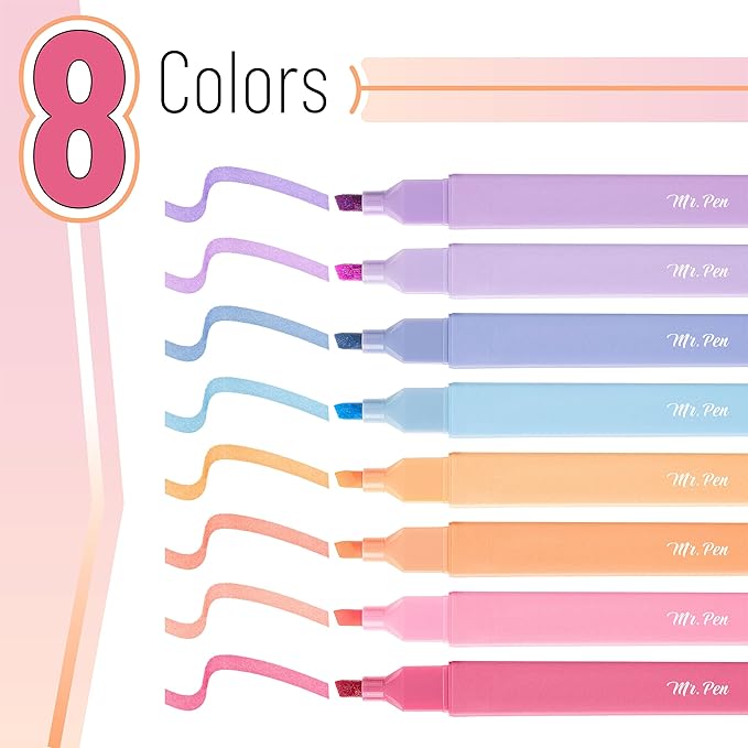 Mr. Pen- Aesthetic Highlighters, 8 pcs, Chisel Tip, Assorted Colors, No Bleed Bible Highlighter Pastel