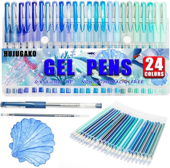 48 Pack Blue Gel Pens, 24 Colored Gel Pen with 24 Refills,40% More Ink Write Smooth for Adults Coloring Books Drawing Doodling Scrapbooks Bullet Journaling