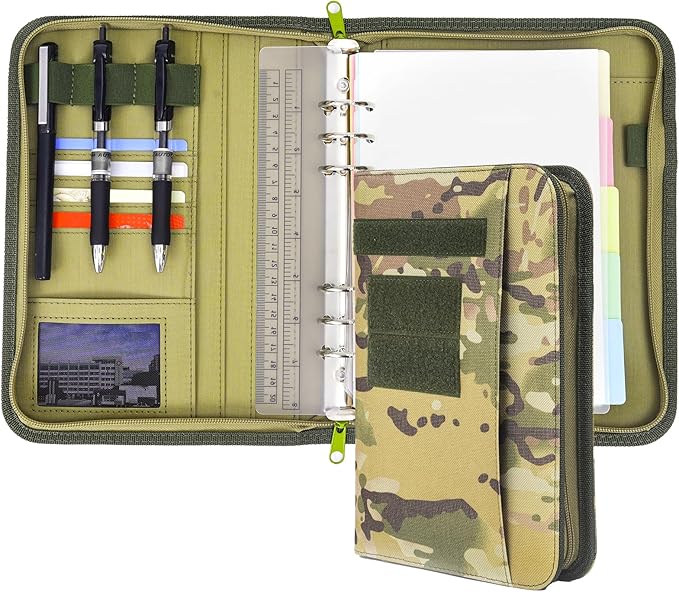 Army Military Padfolio Ring Binder with Zippered Portfolio Organizer and Tactical Notebook Cover for A5 Folder, Small OCP Binder Planner for Men, 6 Ring Binder Organizer Military Notebook Cover(Multi)