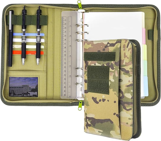 Army Military Padfolio Ring Binder with Zippered Portfolio Organizer and Tactical Notebook Cover for A5 Folder, Small OCP Binder Planner for Men, 6 Ring Binder Organizer Military Notebook Cover(Multi)