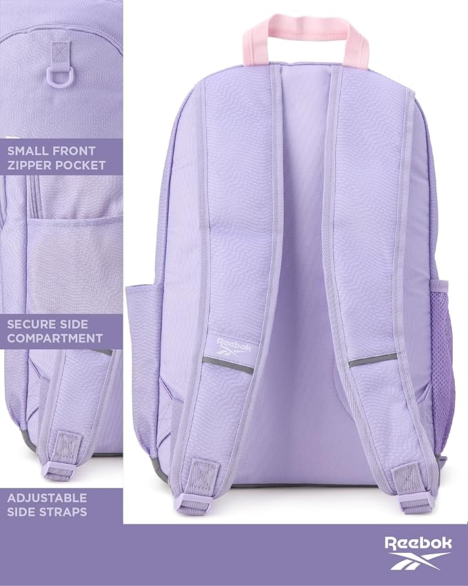 Reebok Girls and Boys Backpack - 2-in-1 Coordinated School Backpack for Girls and Boys with Detachable Lunch Box for Kids, Lavender