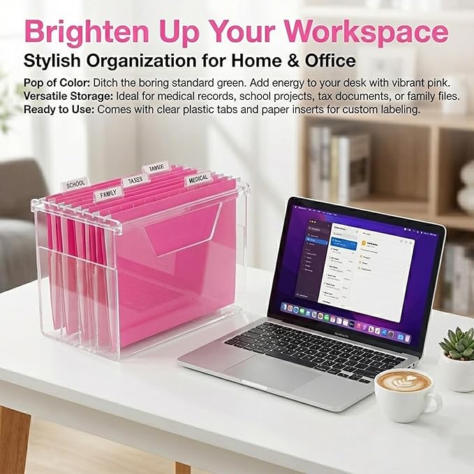 50 Packs Hanging File Folders,Pink Letter Size File Folder,Designed for Bulky Files,Filing Cabinet,1/5 Adjustable Tabs for Office,School,Home