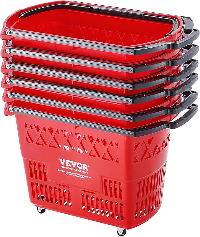 VEVOR 6 PCS Shopping Baskets, 39L Large Plastic Rolling Shopping Basket with Wheels, Shopping Carts with Handles, Portable Shopping Basket Set for Supermarkets, Grocery Shopping, Retail Stores, Red