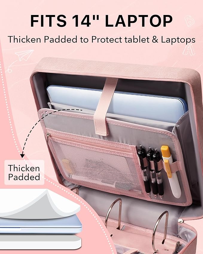 Upgraded 3 Rings Zipper Binder Organizer 3 Inch Zippered Binders with Strap Large Zip Up Portfolio Folder Bag with 9 Pockets Laptop Compartment for Office Travel, Pink