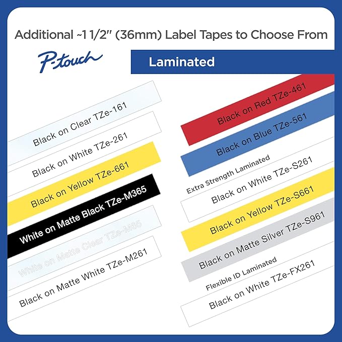 Brother P-Touch TZe-M365 White Print on Matte Black Label Tape 1.4” (36mm) Wide x 26.2’ (8m) Long