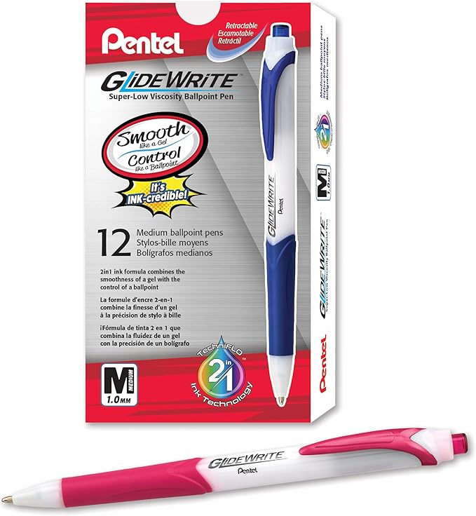 Pentel GlideWrite Ballpoint Pen with TechniFlo Ink, (1.0mm) Medium Line, Pink, Box of 12 (BX910-P)