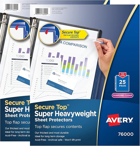 Avery Diamond Clear Top Sheet Protectors, Super Heavyweight Page Protectors for 3 Ring Binder, Clear Binder Sheet, 25 Count (Pack of 2) (86009)