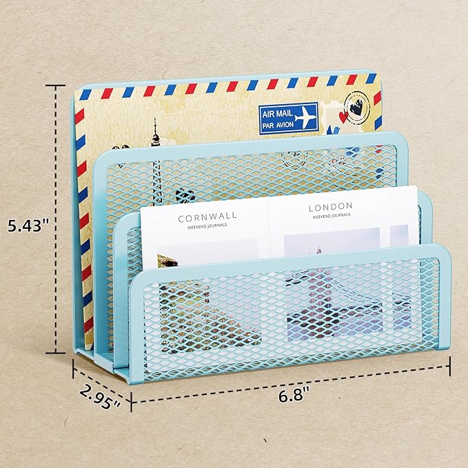 Marbrasse Mail Organizer for Desk, 3-Slot Mesh Metal Mail Holder countertop, Letter Holder, Office Desktop Envelope and Document Storage Rack (Blue)