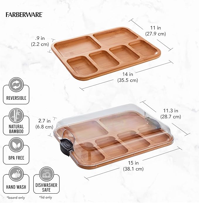 Farberware Build-A-Board Bamboo Cutting Board with Built-In Compartments & Clear Locking Lid,Black Handles – Charcuterie,Snack Tray,Food Prep and Serving Platter,(Pack of 2)